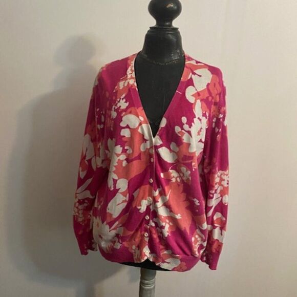 St Johns Bay Floral Pink/Orange V-neck button-down cardigan, size 1X - Picture 1 of 5
